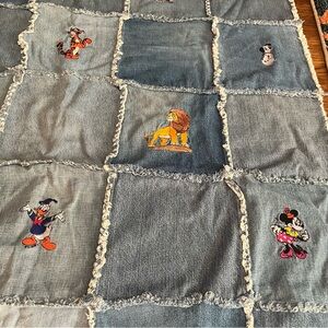 vintage denim patchwork quilt blanket Disney embroidered baby 38” x 46”